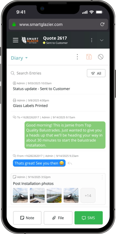 Job diary records displayed on a phone