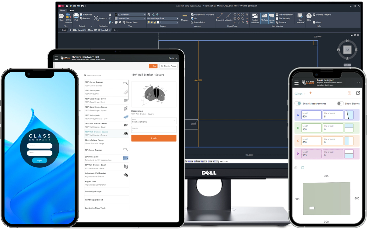 Various devices displaying Smart Glazier Connect software