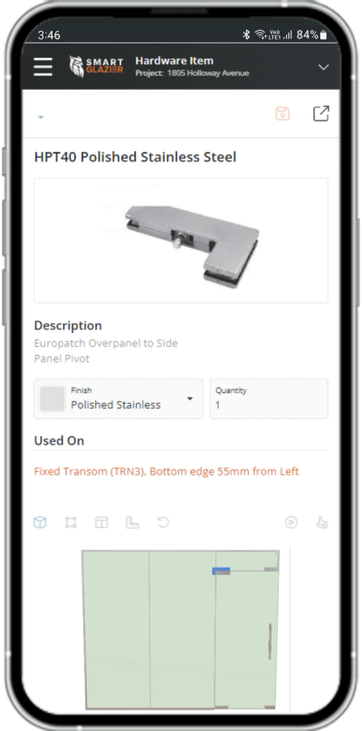 Smart Glazier Connect customer portal interface for hardware ordering