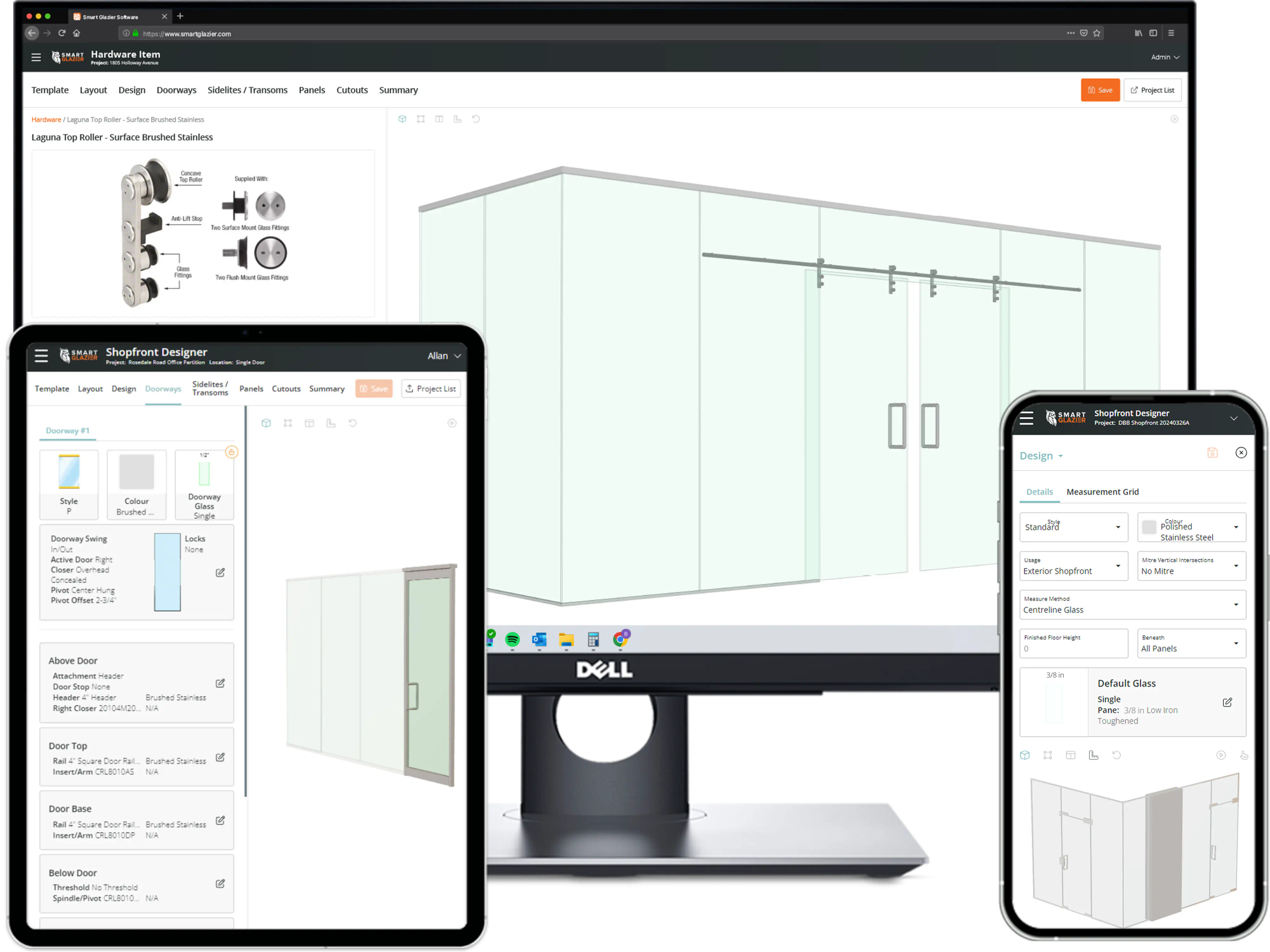 Tablet, Monitor and Phone showing the Glass Entrance and Partition Module