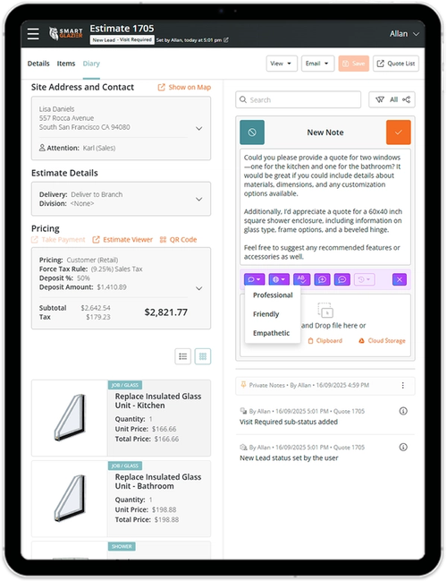 A tablet screen showing note taking and AI functionality