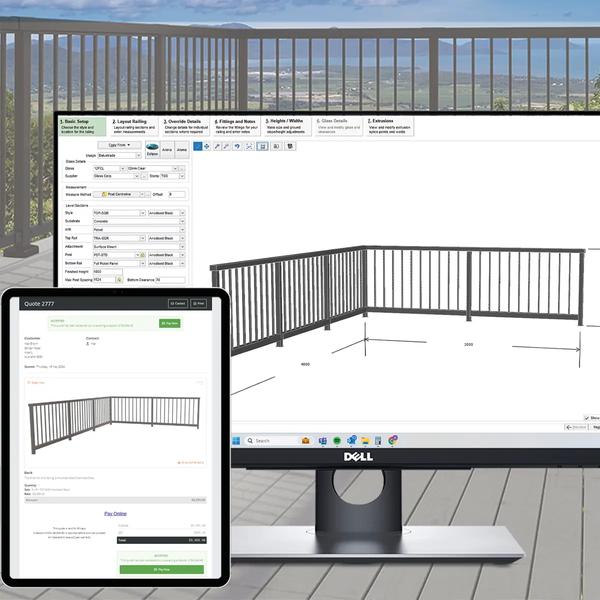 a computer screen and a tablet with a 3d model of a railing .