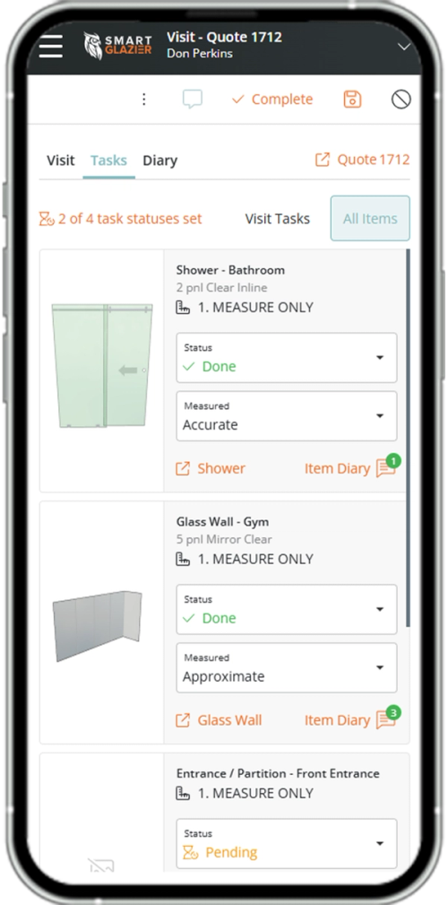 Phone screen showing the task status for a visit