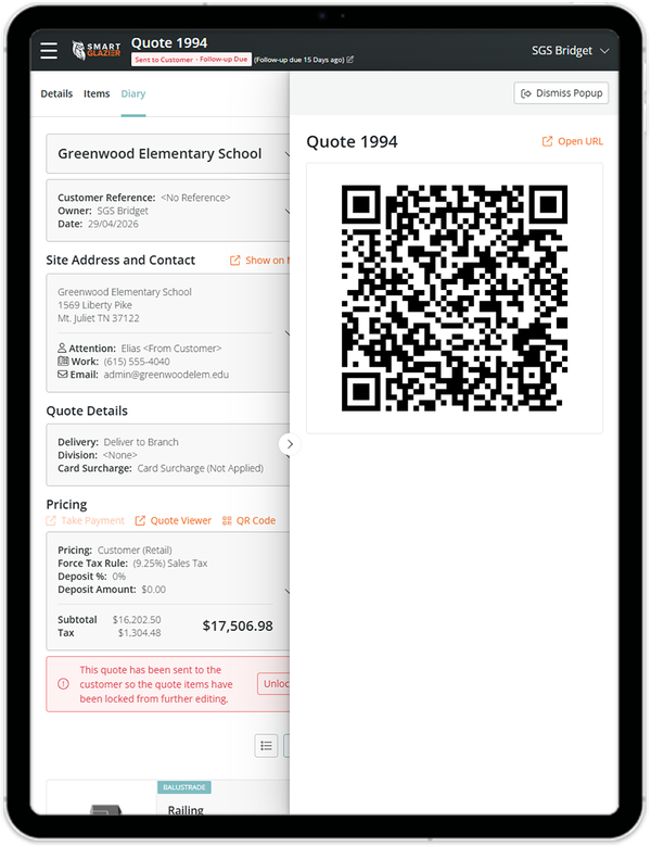 a QR code link to a quote showing on a tablet