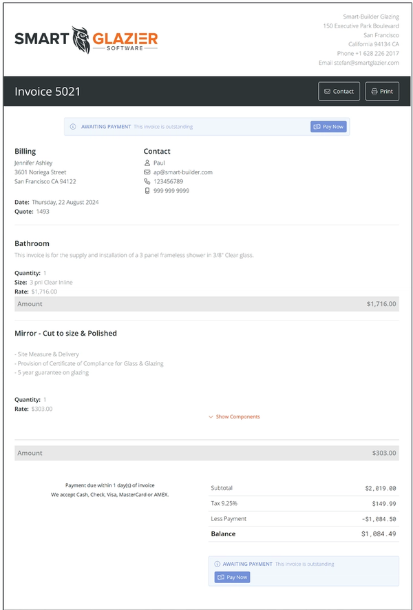 a smart glazier invoice is displayed