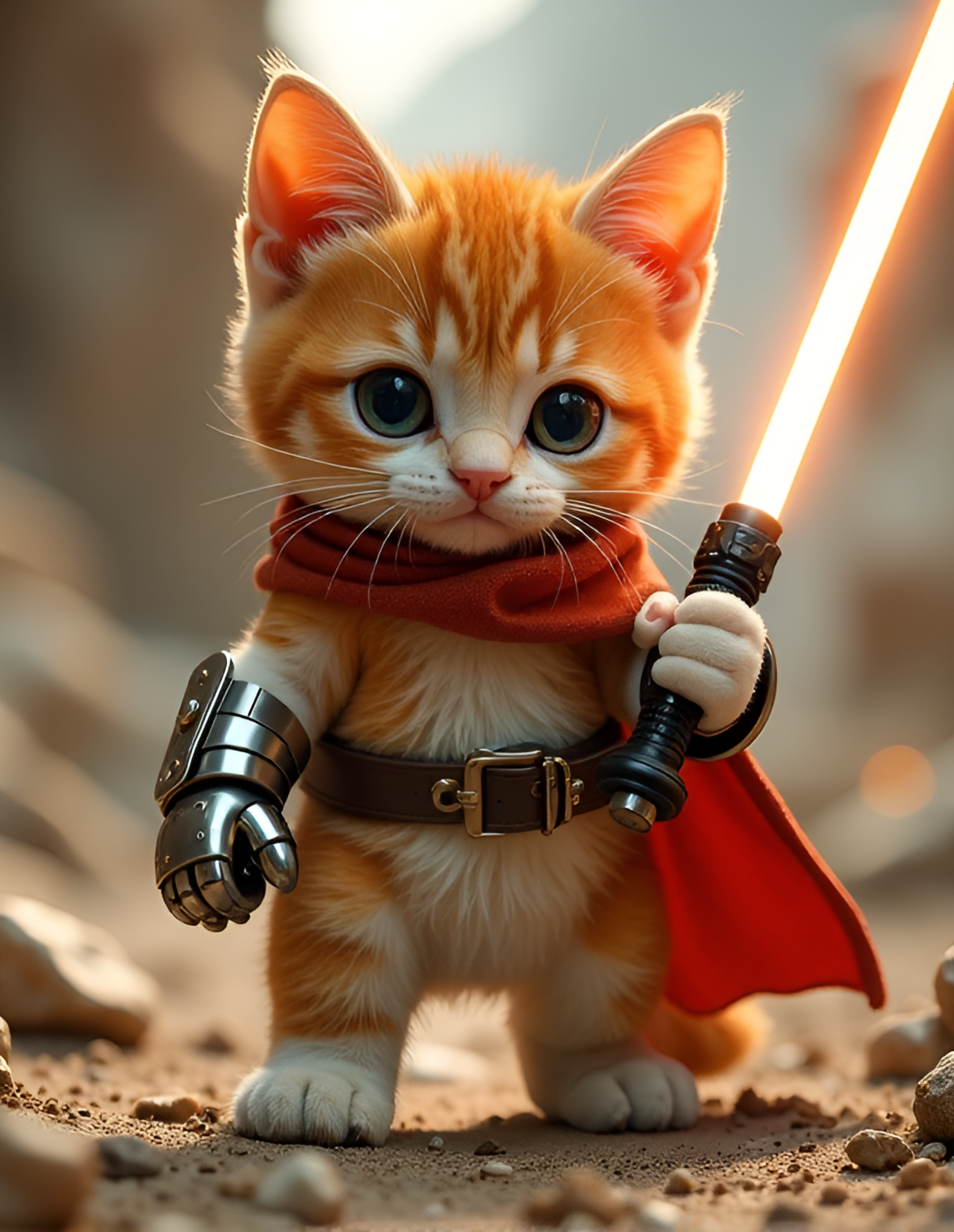 a kitten wearing a cape and holding a light saber