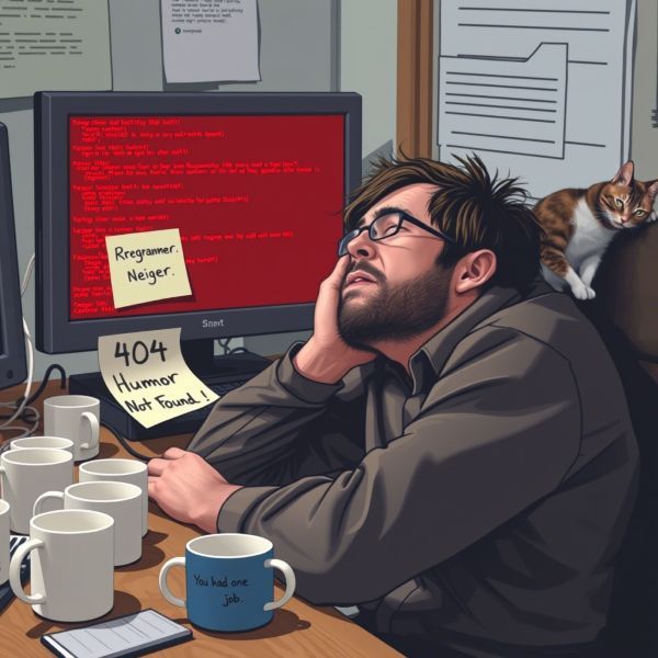 a man sitting in front of a computer with a sticky note that says 404 humor not found
