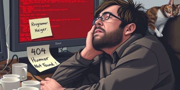 a man sitting in front of a computer with a sticky note that says 404 humor not found