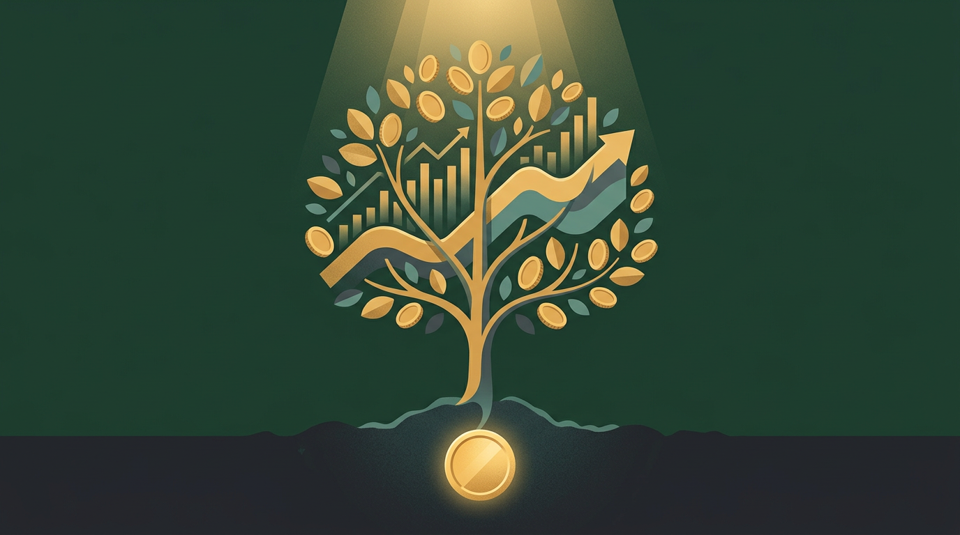 Editorial illustration of a single gold coin planted like a seed in dark soil, sprouting into a strong young tree whose branches form diversified market shapes, in forest green and harvest gold, symbolizing a small first investment growing through patience and a plan.