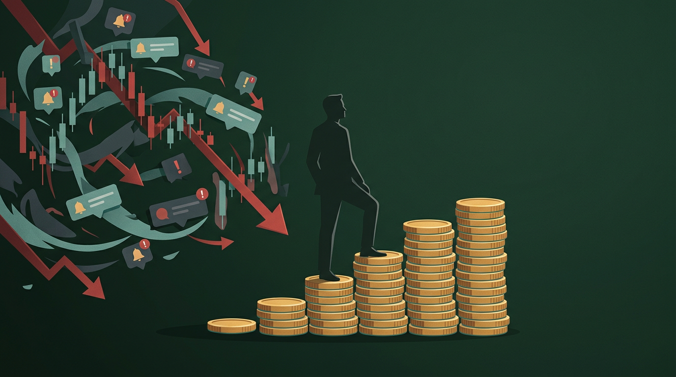 Editorial illustration of a calm investor standing steady on a rising staircase of gold coins while a storm of red market arrows and social-media hype swirls around, rendered in forest green and harvest gold, representing disciplined investing over emotional decisions.
