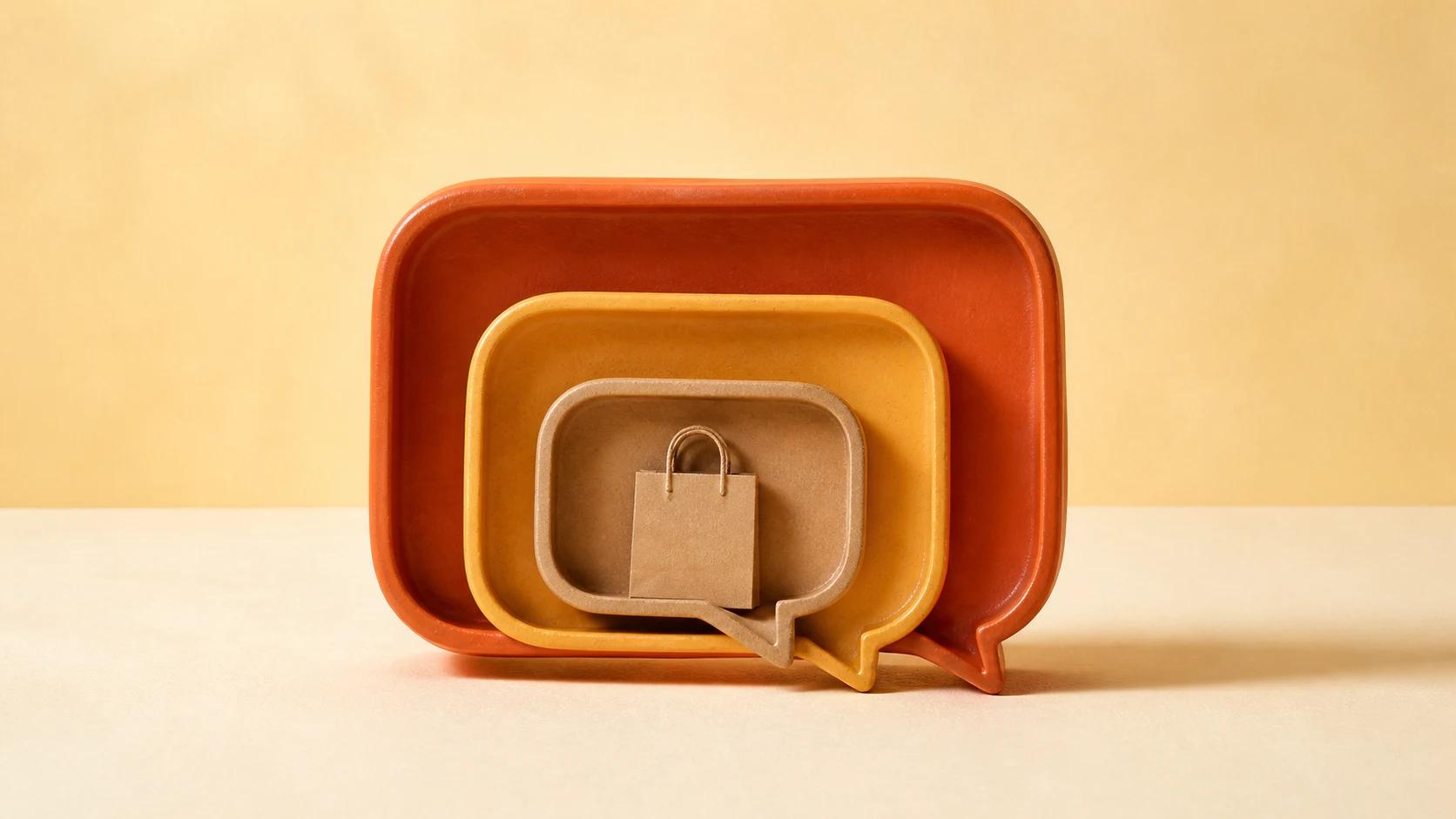 Three nested speech bubbles surrounding a shopping bag to show expanding conversational commerce capabilities