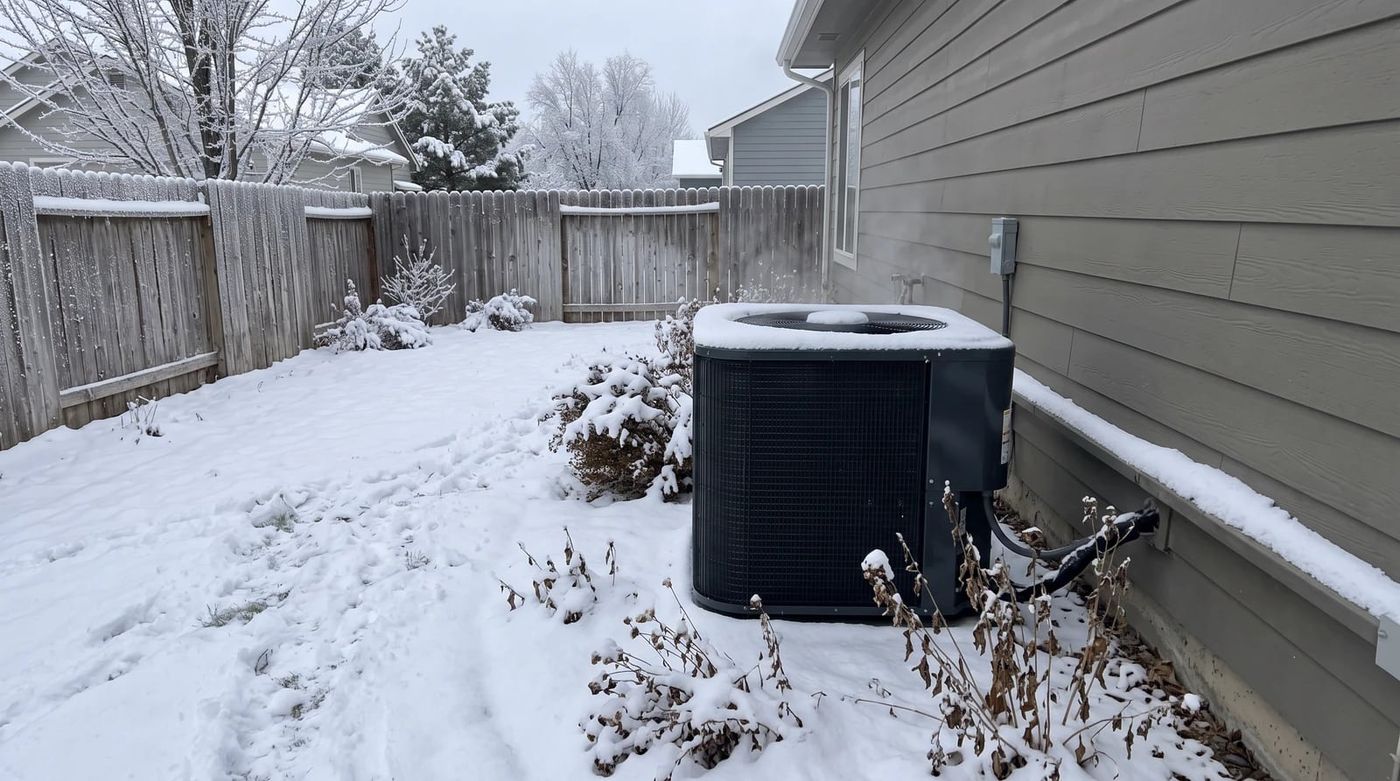 A heat pump outdoor unit running in a snowy Boise backyard