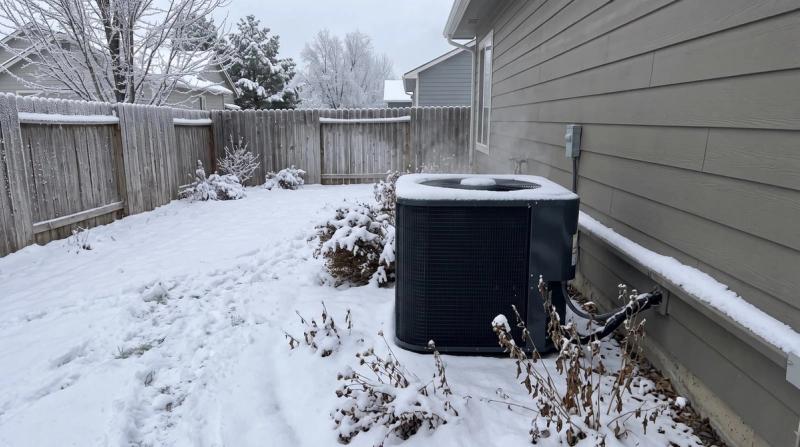 A heat pump outdoor unit running in a snowy Boise backyard