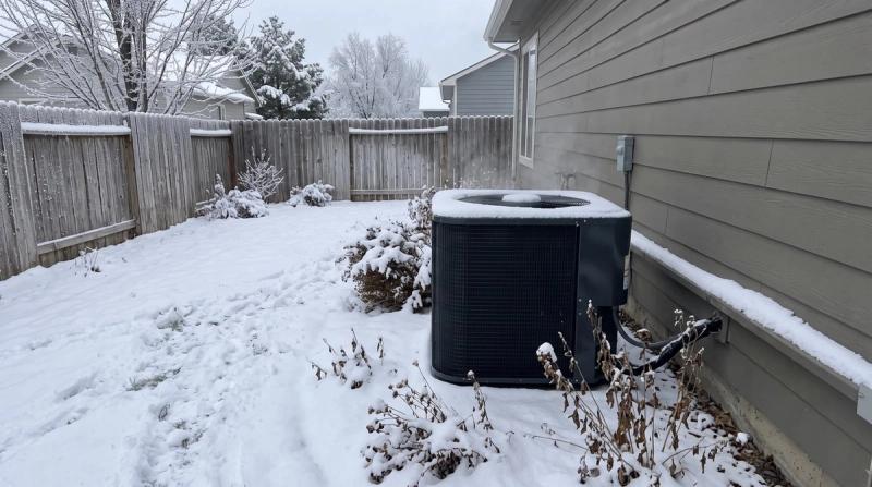 A heat pump outdoor unit running in a snowy Boise backyard