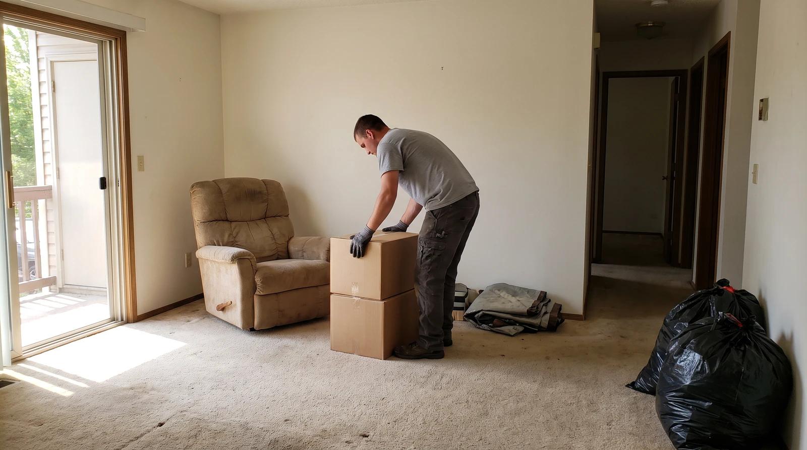 Worker clearing a tenant's leftover recliner and boxes from an empty rental living room during a move-out property cleanout in Meridian, Idaho