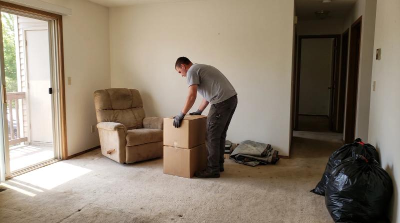 Worker clearing a tenant's leftover recliner and boxes from an empty rental living room during a move-out property cleanout in Meridian, Idaho