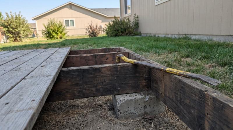 Partially removed backyard wood deck with exposed joists and a concrete footing during a deck removal job in Kuna, Idaho