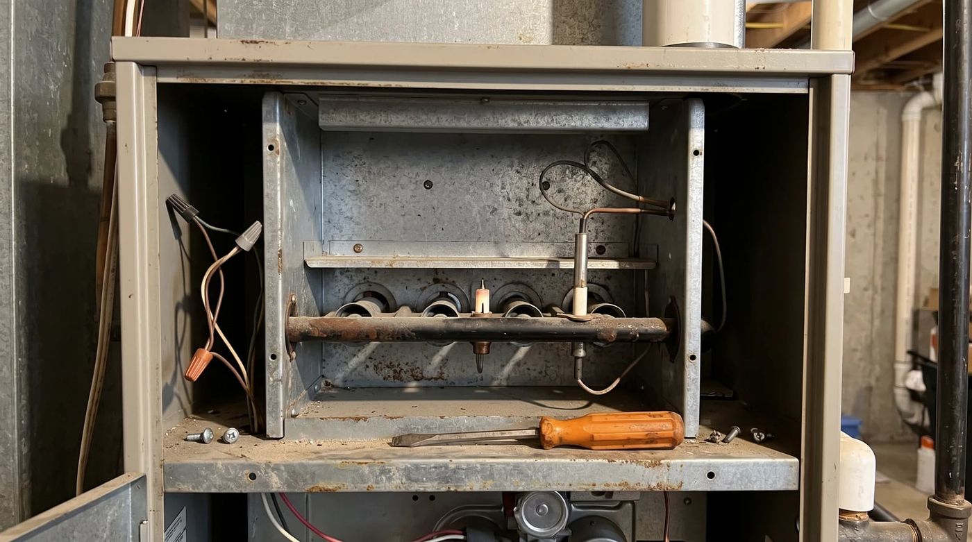 An open furnace burner compartment with the igniter and flame sensor visible