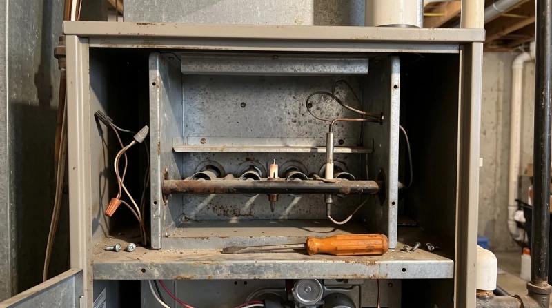 An open furnace burner compartment with the igniter and flame sensor visible