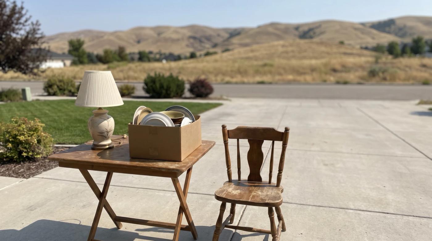 Unsold garage sale leftovers on a folding table in a Kuna, Idaho driveway, ready to be sorted for a garage cleanout