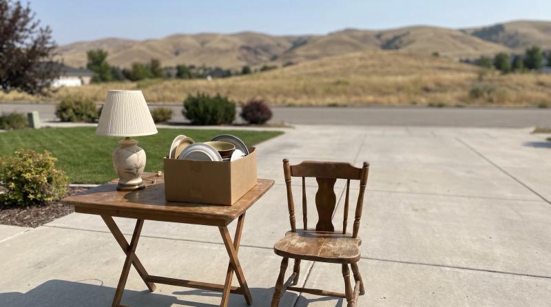 Unsold garage sale leftovers on a folding table in a Kuna, Idaho driveway, ready to be sorted for a garage cleanout