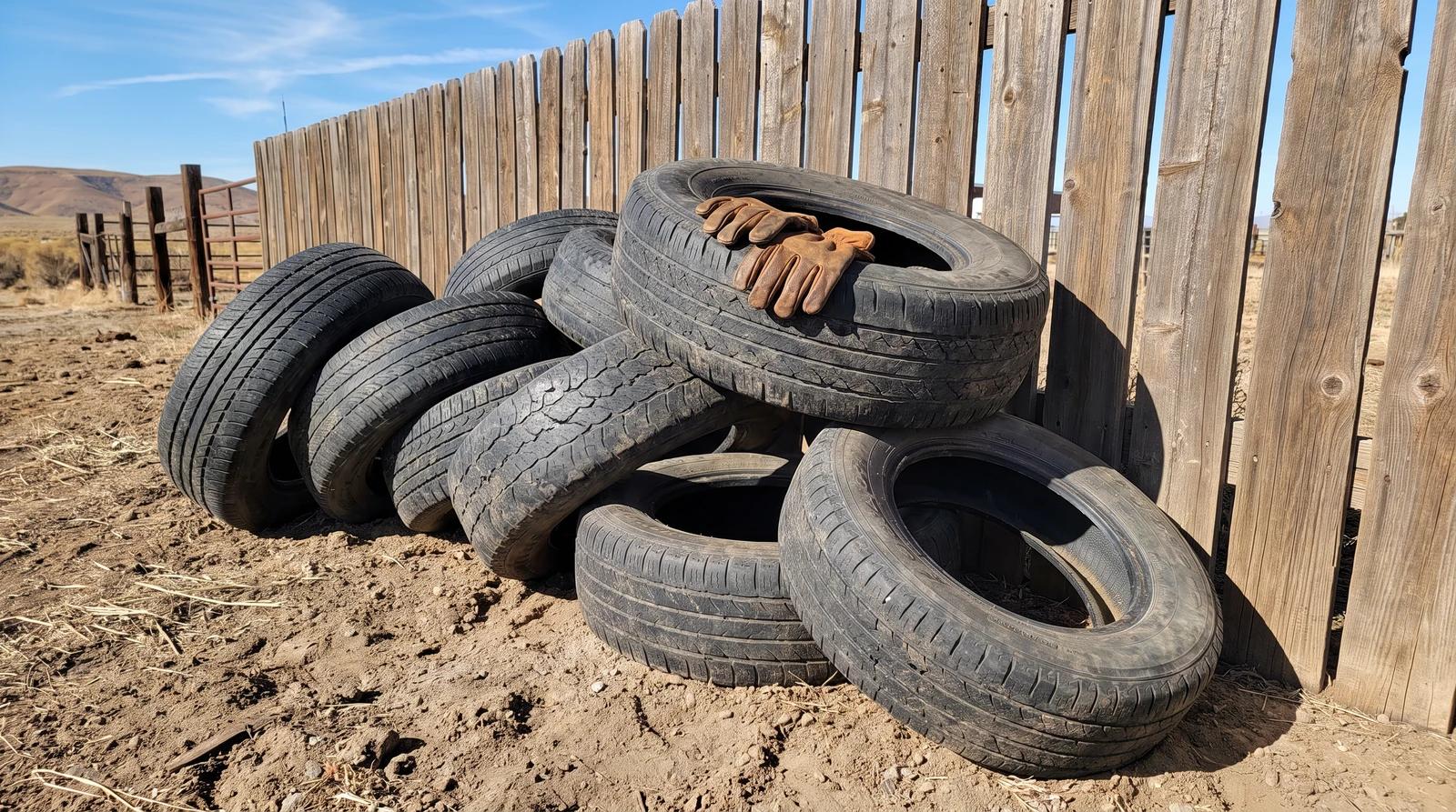 Old weathered tire pile half buried in dirt beside a wooden ranch fence, waiting for bulk tire disposal on a rural property near Kuna, Idaho