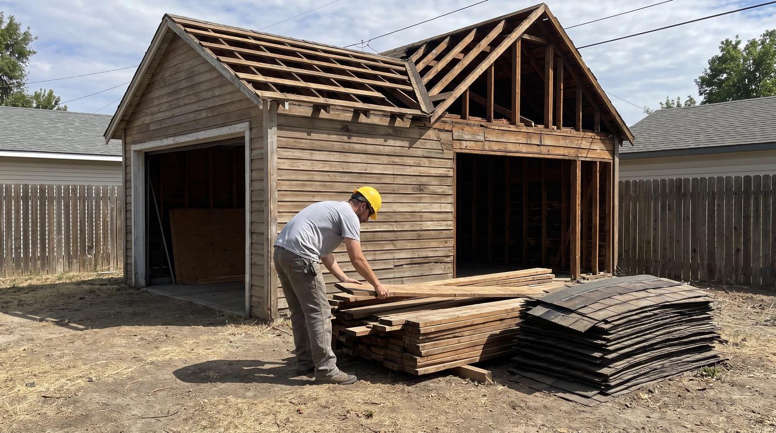 Worker stacking salvaged lumber during a detached garage demolition in a backyard in Boise, Idaho