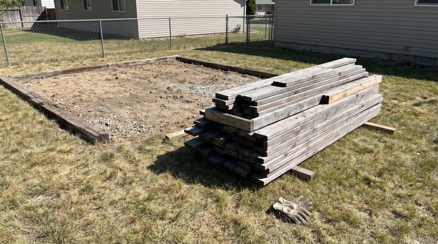 Stacked weathered shed lumber next to a bare dirt footprint after a backyard shed demolition in Nampa, Idaho