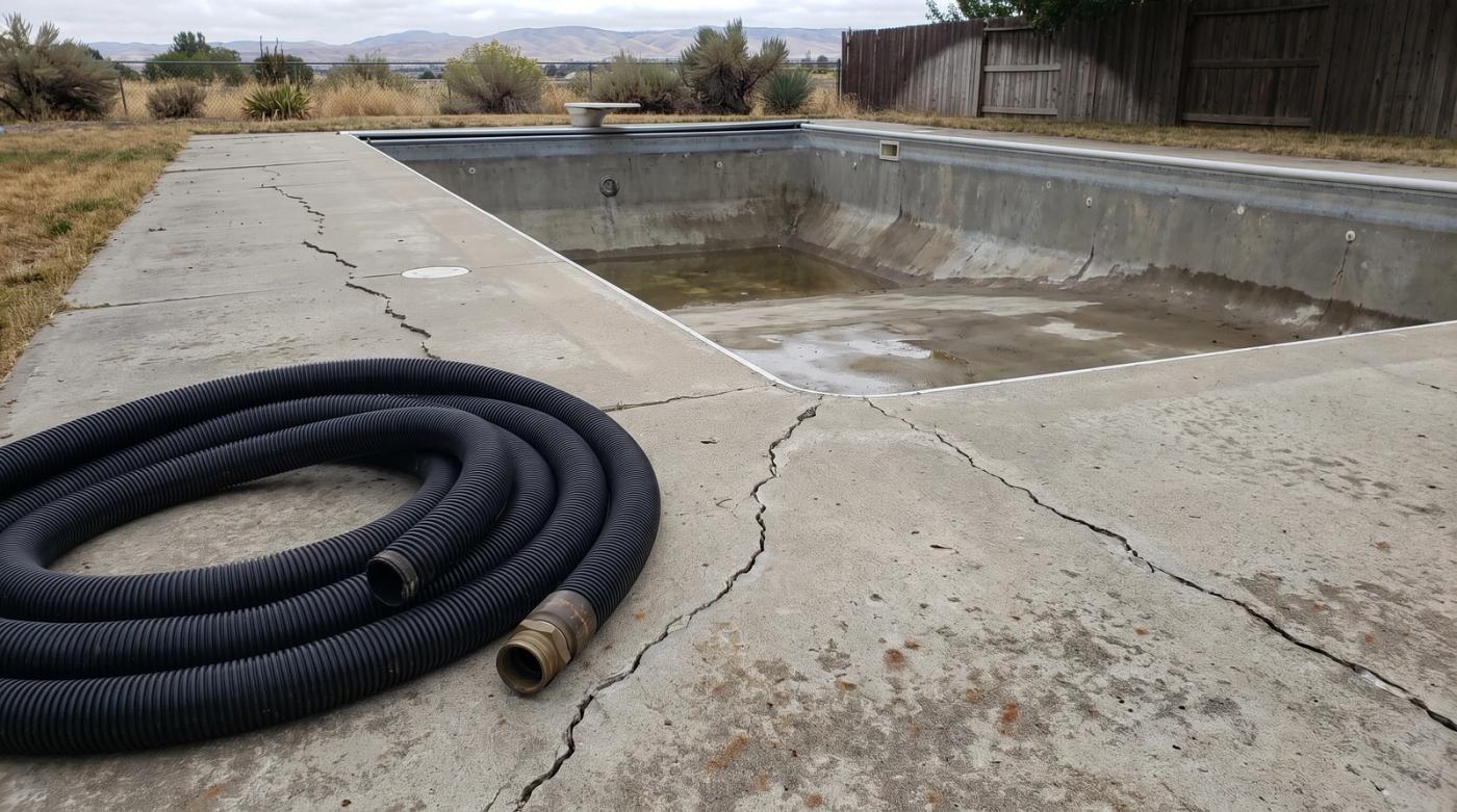 A drained in-ground backyard pool with an empty concrete shell ready for demolition at a home in Kuna, Idaho.
