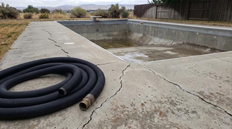 A drained in-ground backyard pool with an empty concrete shell ready for demolition at a home in Kuna, Idaho.