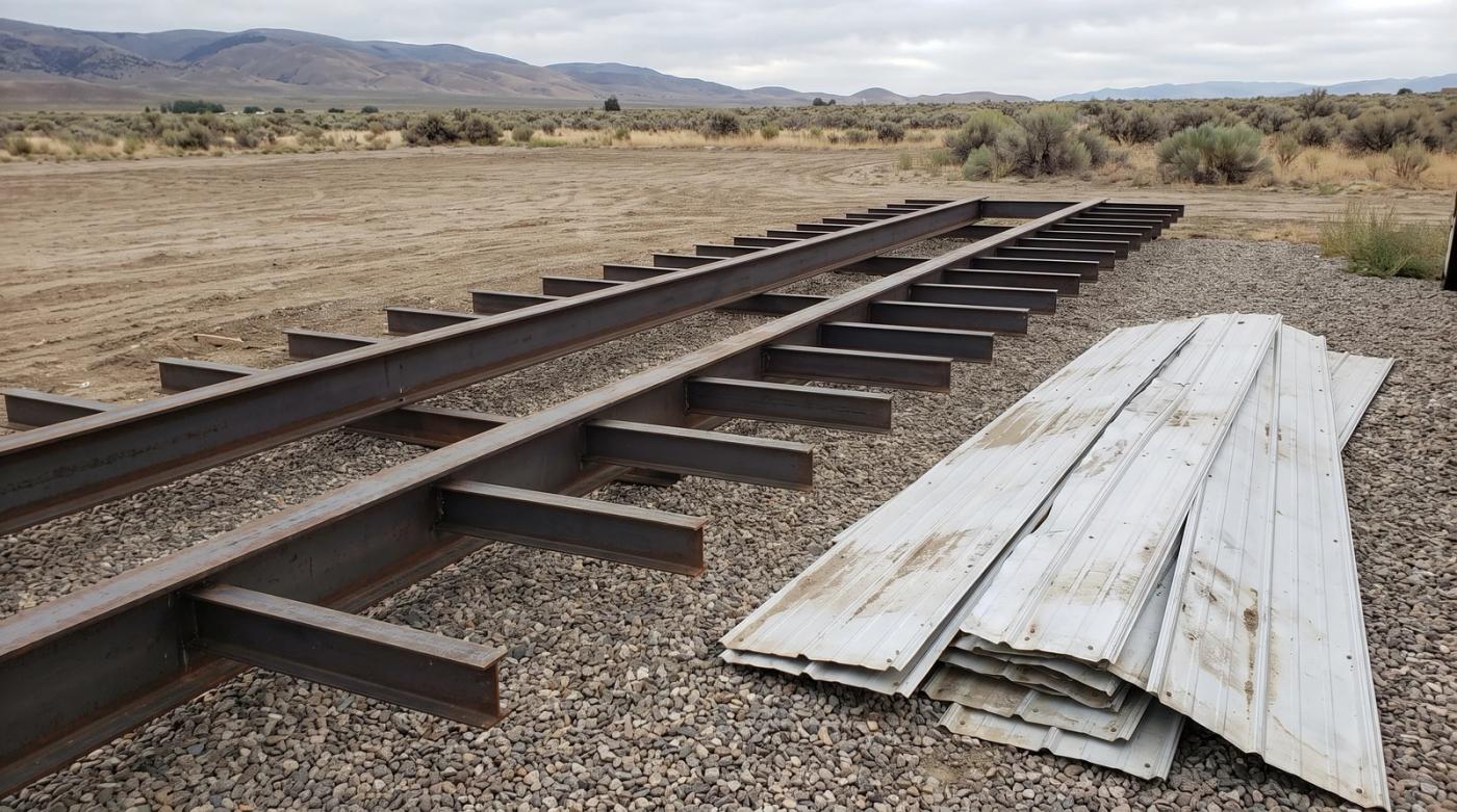 Bare steel mobile home frame and a stack of removed aluminum siding on a cleared gravel lot in Meridian, Idaho
