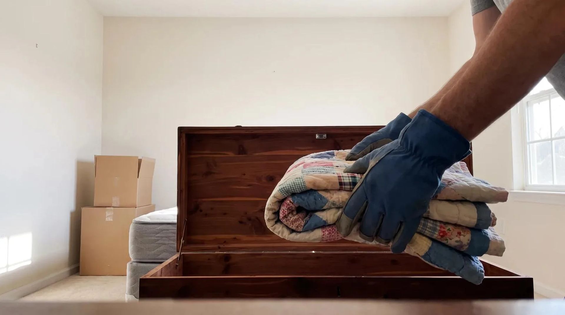 Gloved hands lifting folded quilts from a cedar chest during an estate cleanout in a sunlit Eagle, Idaho bedroom