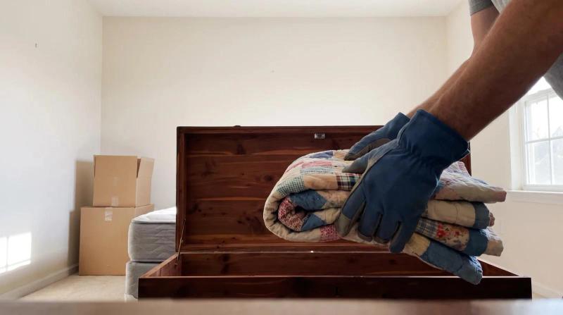 Gloved hands lifting folded quilts from a cedar chest during an estate cleanout in a sunlit Eagle, Idaho bedroom