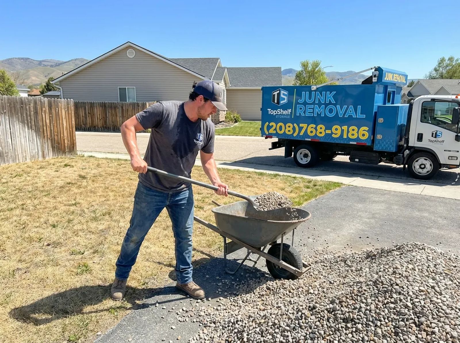 Top Shelf crew removing gravel from a residential property in Nampa Idaho