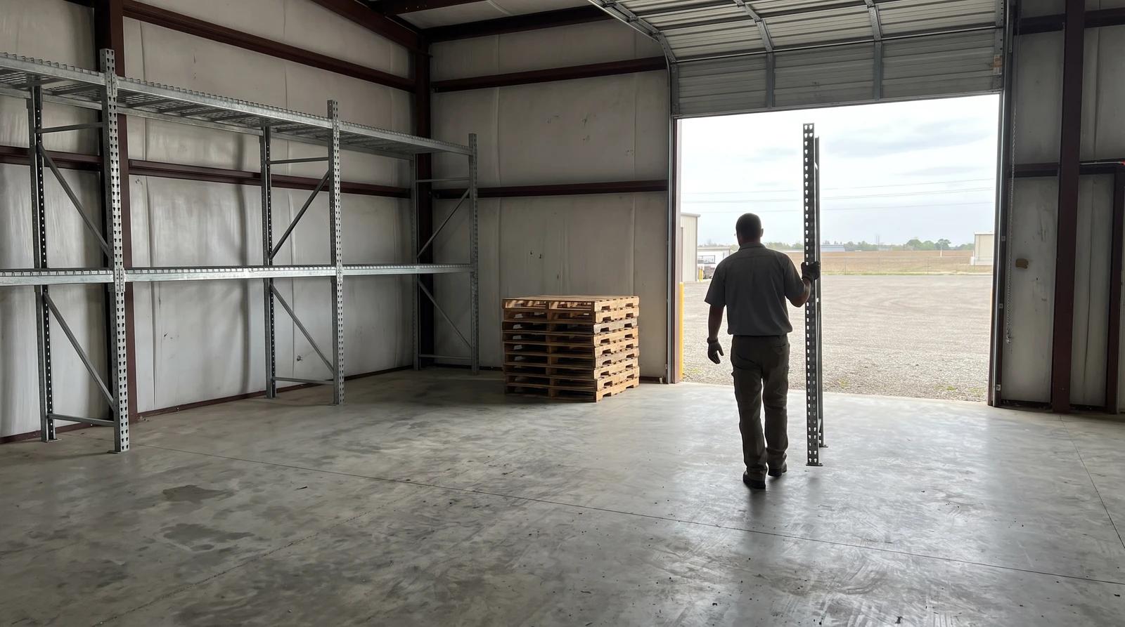 Worker carrying a steel shelving upright past bare pallet racking and stacked wooden pallets during a commercial property cleanout in a Boise, Idaho warehouse