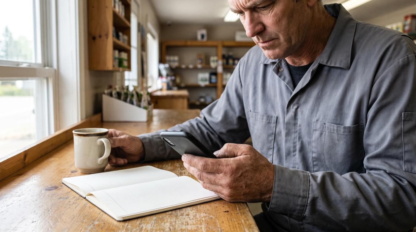 Small business owner frowning at a smartphone while reading reviews, with a coffee mug and notebook on the counter