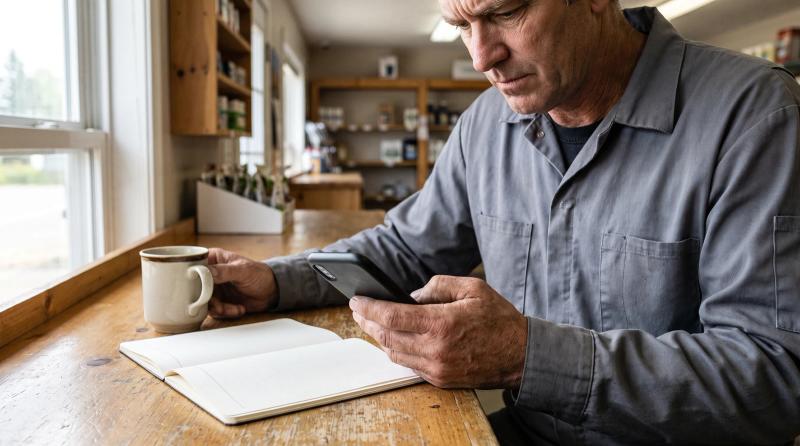 Small business owner frowning at a smartphone while reading reviews, with a coffee mug and notebook on the counter