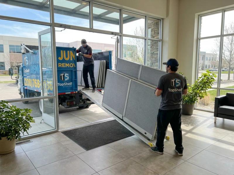 Top Shelf junk removal team hauling office furniture and equipment to the branded truck in Garden City Idaho