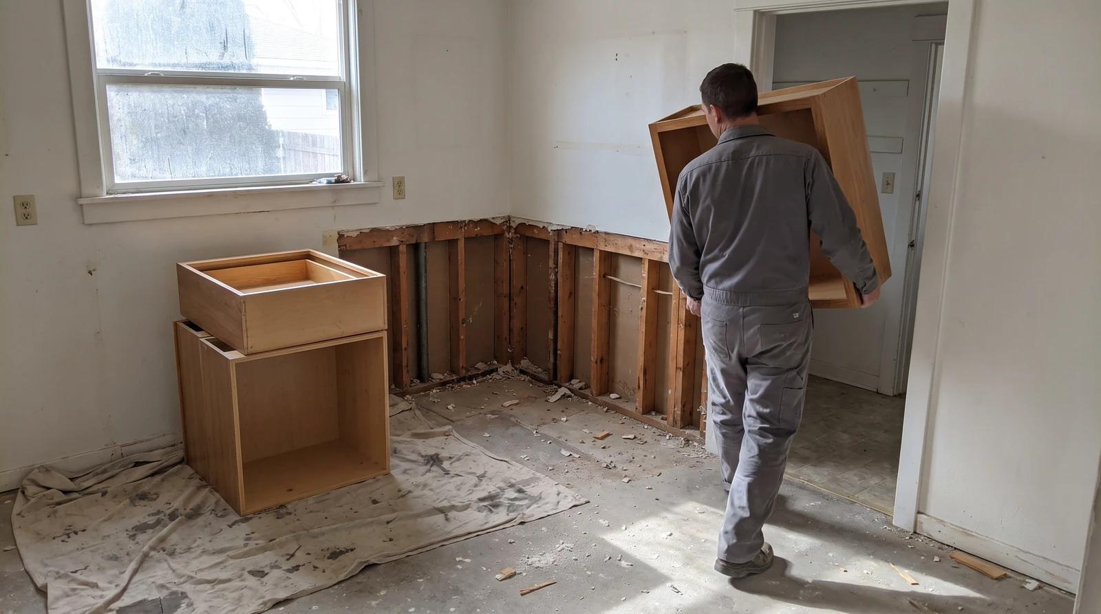 Kitchen demolition in Kuna, Idaho with salvaged upper cabinets stacked on a drop cloth for donation