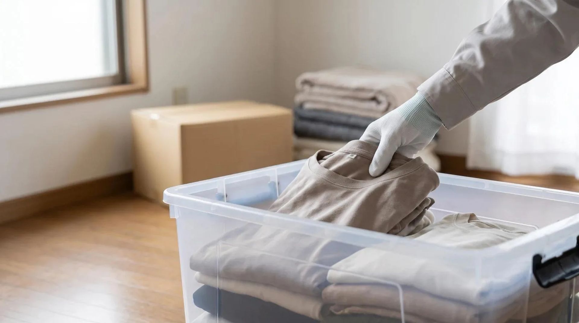 Worker in gloves sorting folded clothing into a plastic bin during a residential hoarding cleanup in a Nampa, Idaho home