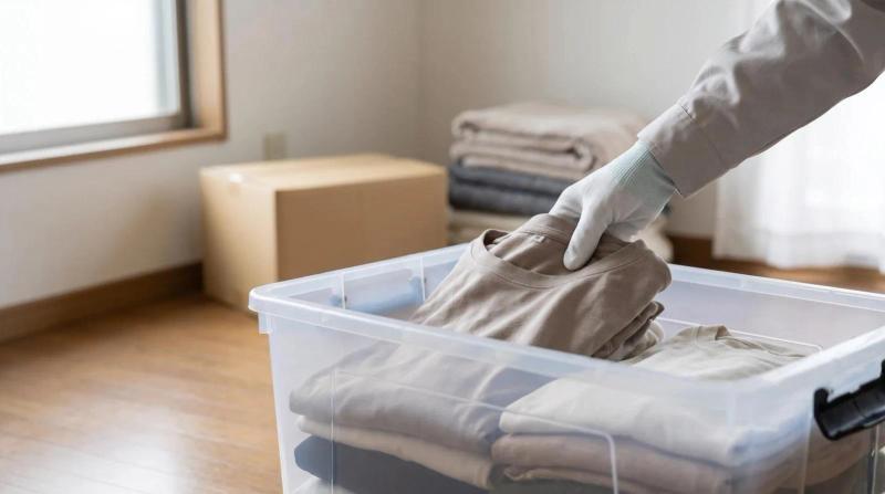 Worker in gloves sorting folded clothing into a plastic bin during a residential hoarding cleanup in a Nampa, Idaho home