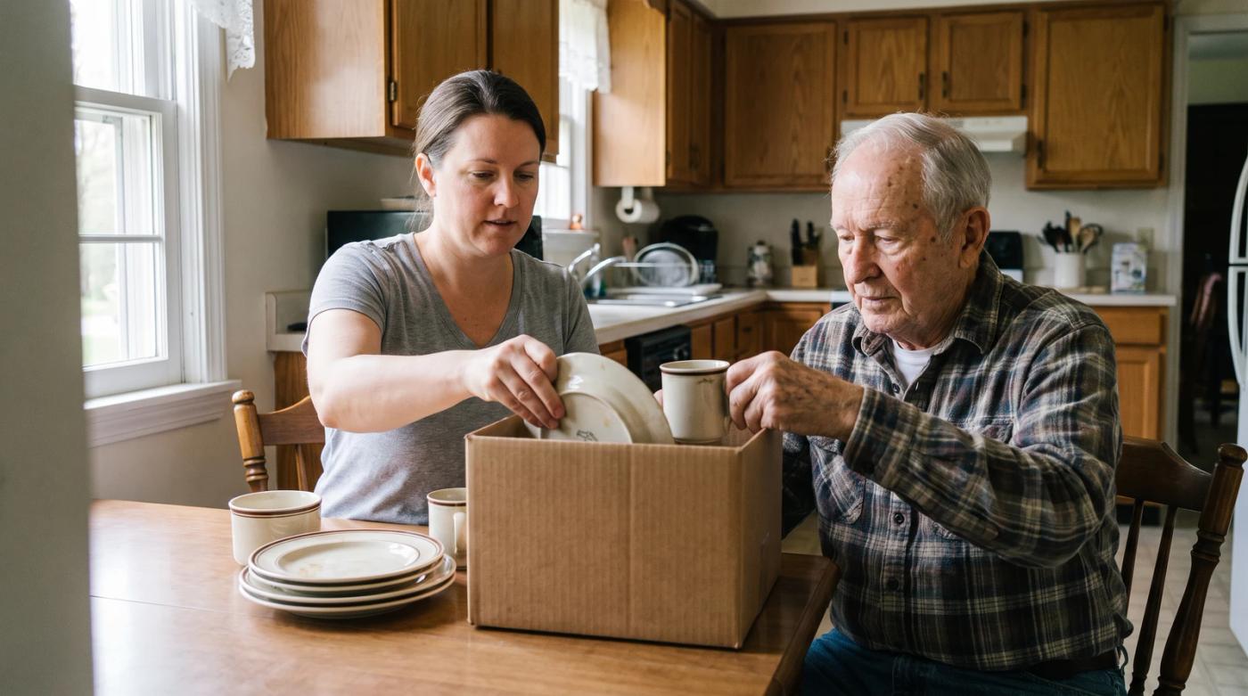 Daughter helping her elderly father sort old dishes into a box during a hoarder cleanout at his home in Boise, Idaho