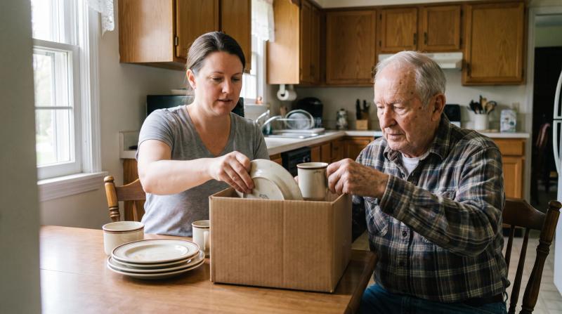 Daughter helping her elderly father sort old dishes into a box during a hoarder cleanout at his home in Boise, Idaho