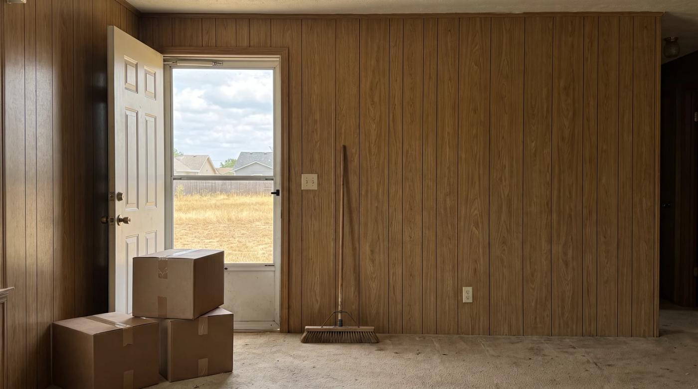 Empty living room of a manufactured home in Garden City, Idaho, with cardboard boxes stacked by the door after a cleanout