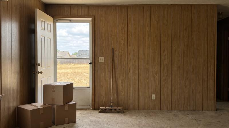 Empty living room of a manufactured home in Garden City, Idaho, with cardboard boxes stacked by the door after a cleanout