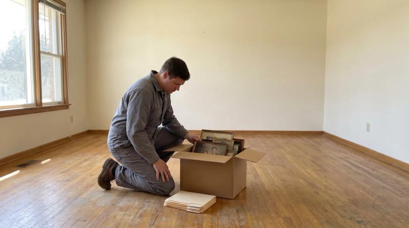 Crew member setting aside family photos and papers during a probate estate cleanout in a sunlit Kuna, Idaho living room
