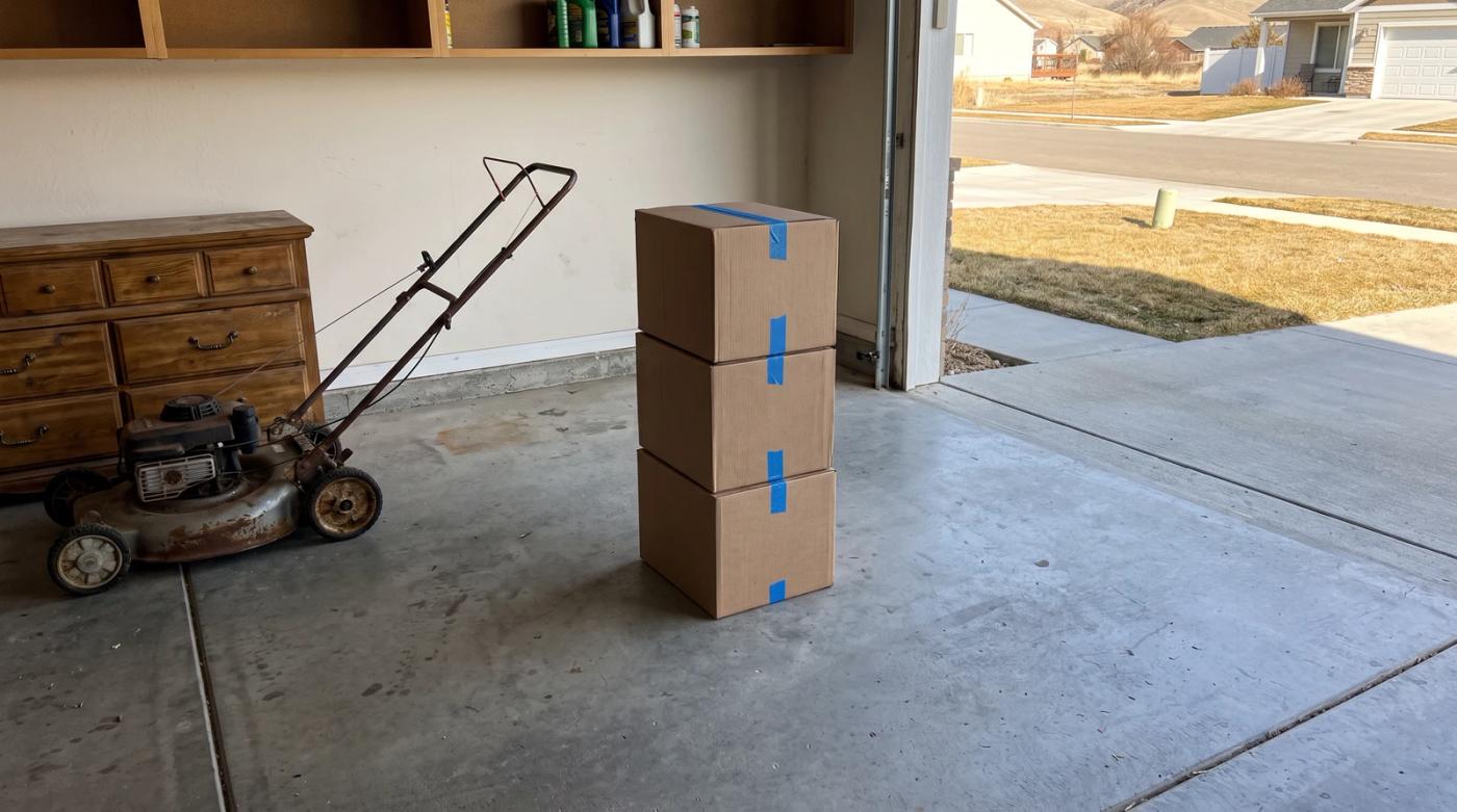 Garage cleanout underway in Meridian, Idaho, with boxes to keep marked in blue tape and an old mower and dresser set aside for hauling