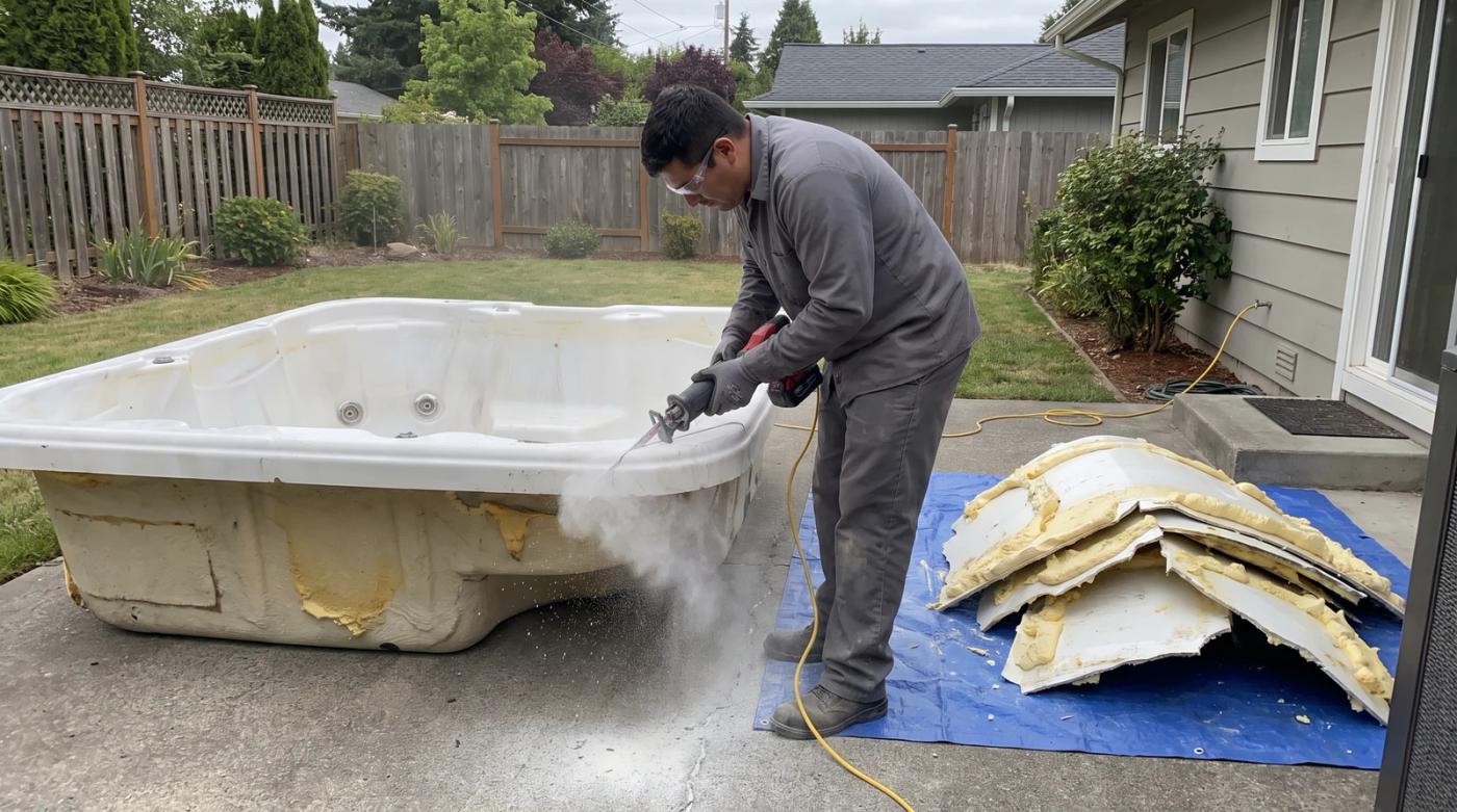 Worker cutting apart an old fiberglass hot tub shell with a reciprocating saw on a backyard patio in Garden City, Idaho