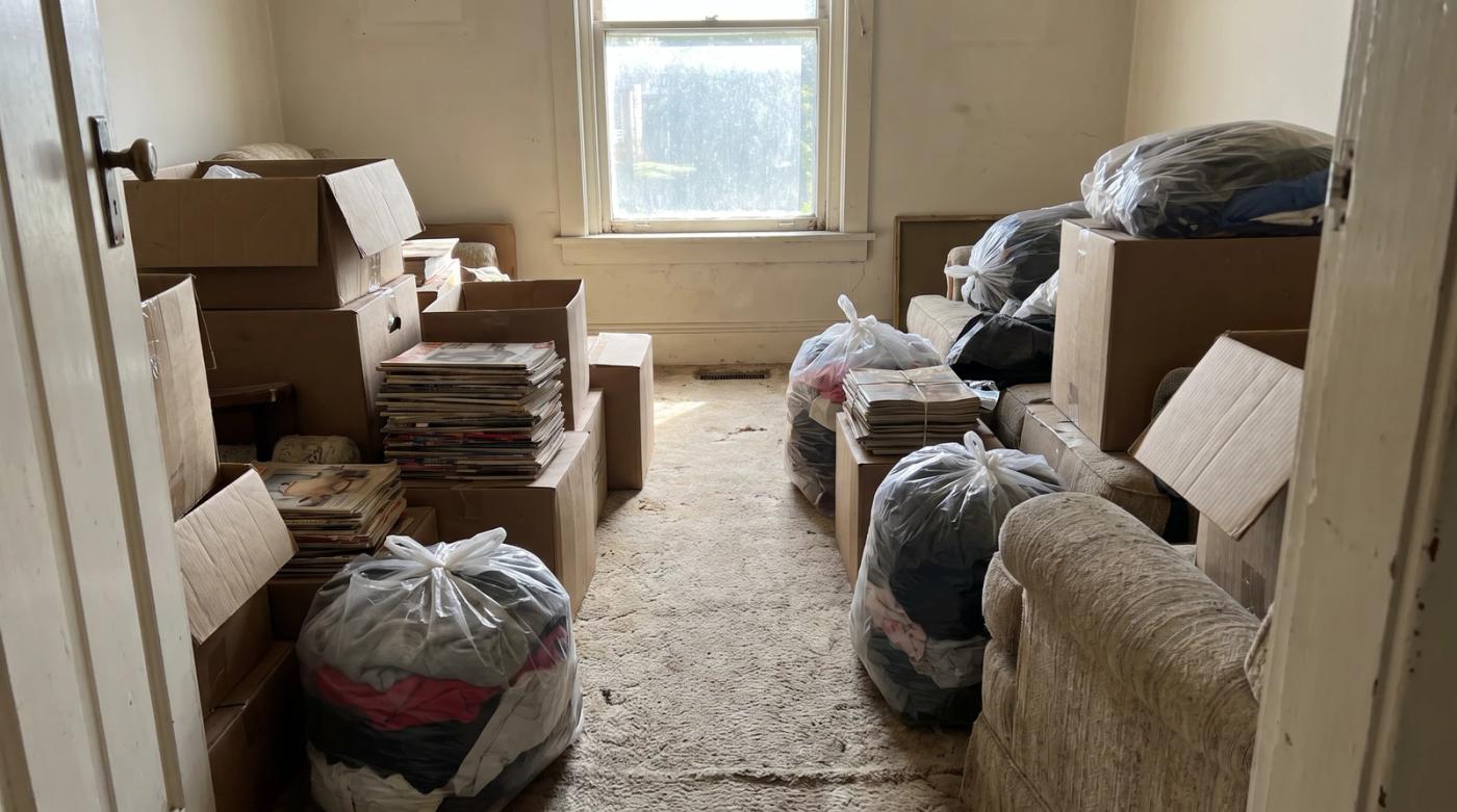 Narrow path through stacked boxes and magazines in a cluttered living room, the kind of space a hoarder cleanout starts with