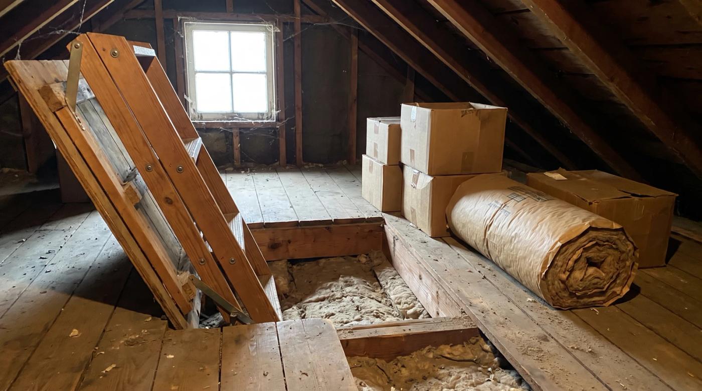 Cluttered residential attic with rafters, boxes, and old insulation ready for an attic cleanout in Garden City, Idaho